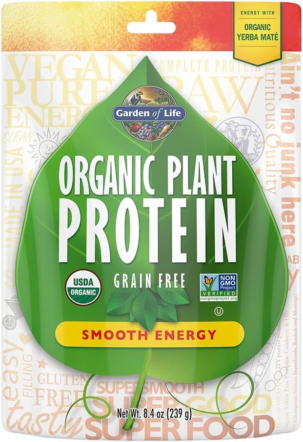Jardin de la vie Protéine végétale biologique Poudre d'énergie lisse, 10 portions - Vegan, sans grains et sans gluten Secouer les protéines à base de plantes avec Yerba Mate, Vitamine B12, Probiotiques et enzymes, 15g Protéines