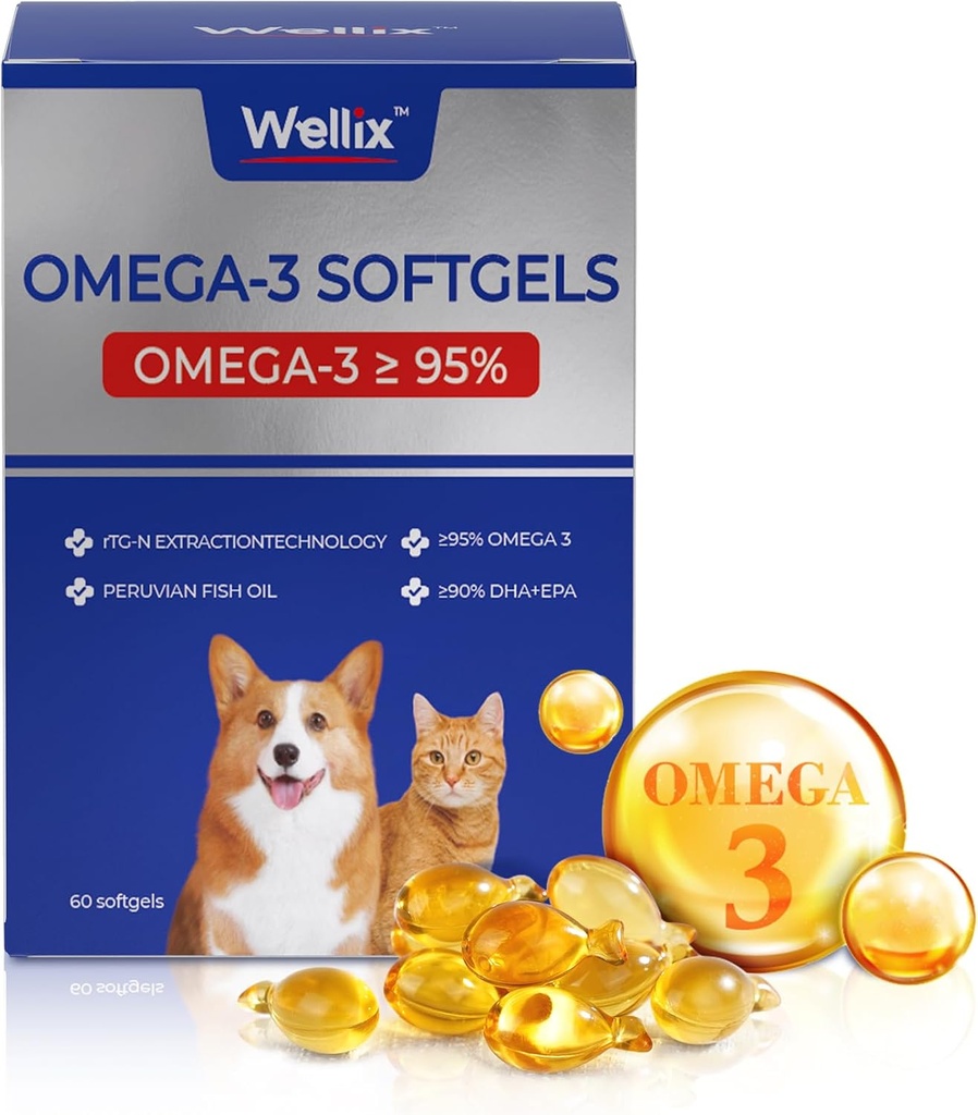 Wellix Pure Omega 3 Huile de poisson pour chiens et chats, supplément de peau et de manteau pour Shedding, favorise le cœur, la peau, le manteau, l'articulation et la santé immunitaire, plus de 95 % Omega 3, riche en EPA + DHA, 60 Softgels
