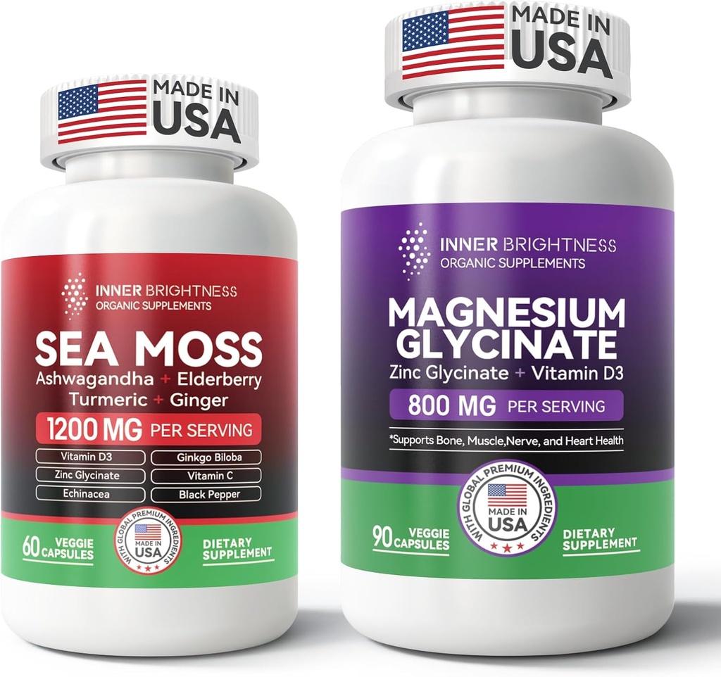 Ultimate Wellness Bundle: All-in-1 Sea Moss Advanced + Magnésium Glycinate pour l'énergie, l'Immune, le sommeil et la santé cardiaque - 60ct Sea Moss Pills + 90 Capsules végétariennes
