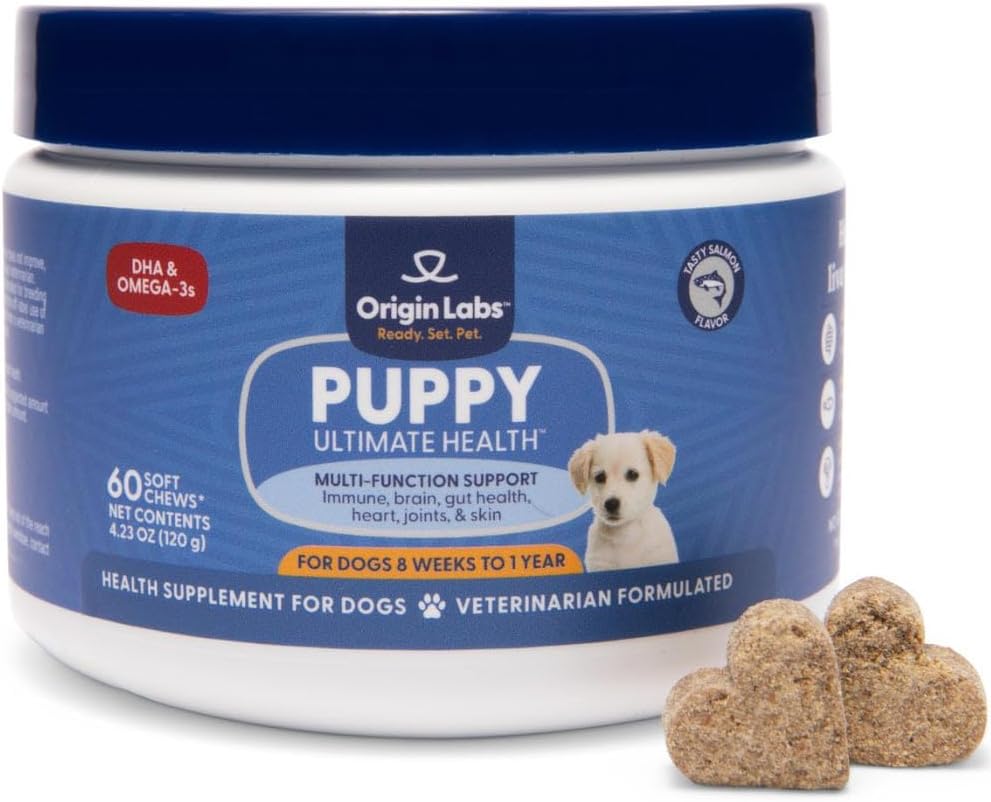 Origin Labs Welpen Multifunktions-Unterstützung DHA Omega 3 Supplement, Wild Alaska Lachs Fischöl, Probiotikum für Gut Gesundheit, Immununterstützung, Herz, Haut, Gehirn, Joint Health, Lachs Flavor, 60 Soft Chews