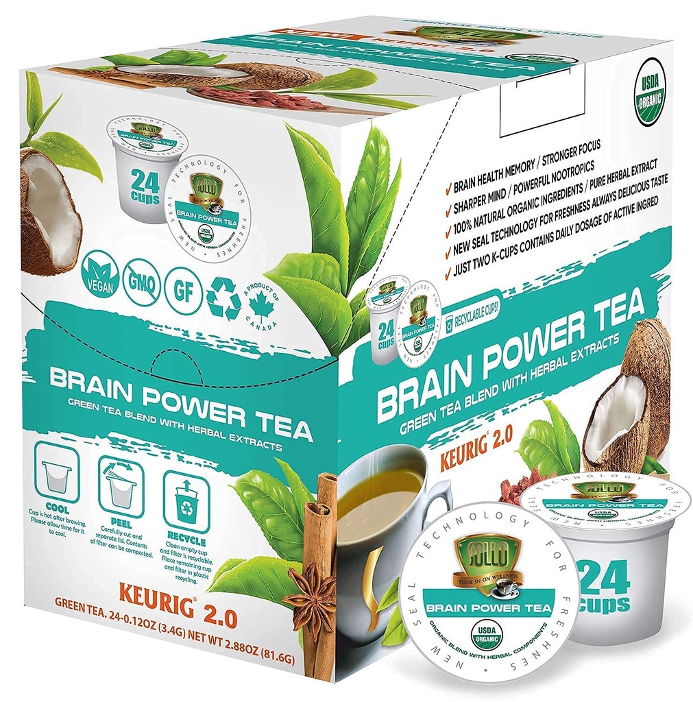 SOLLO Brain Power Organic Green Tea Pods mit MCT, Acai & Essential Ernährung, Nootropic Brain Booster- verbessert Gedächtnis und Fokus kompatibel mit 2.0 K-Cup Keurig Brawers, 24 Ct
