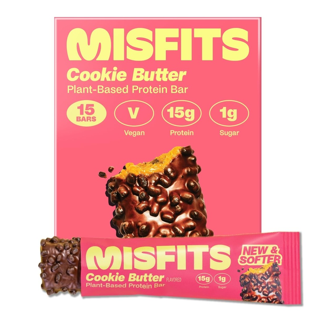 Misfits Vegan Protein Bars, Cookie Butter - Aktualisierte Rezept | Plant Based, Low Sugar & Carb, High Fiber Snacks | Pack von 15