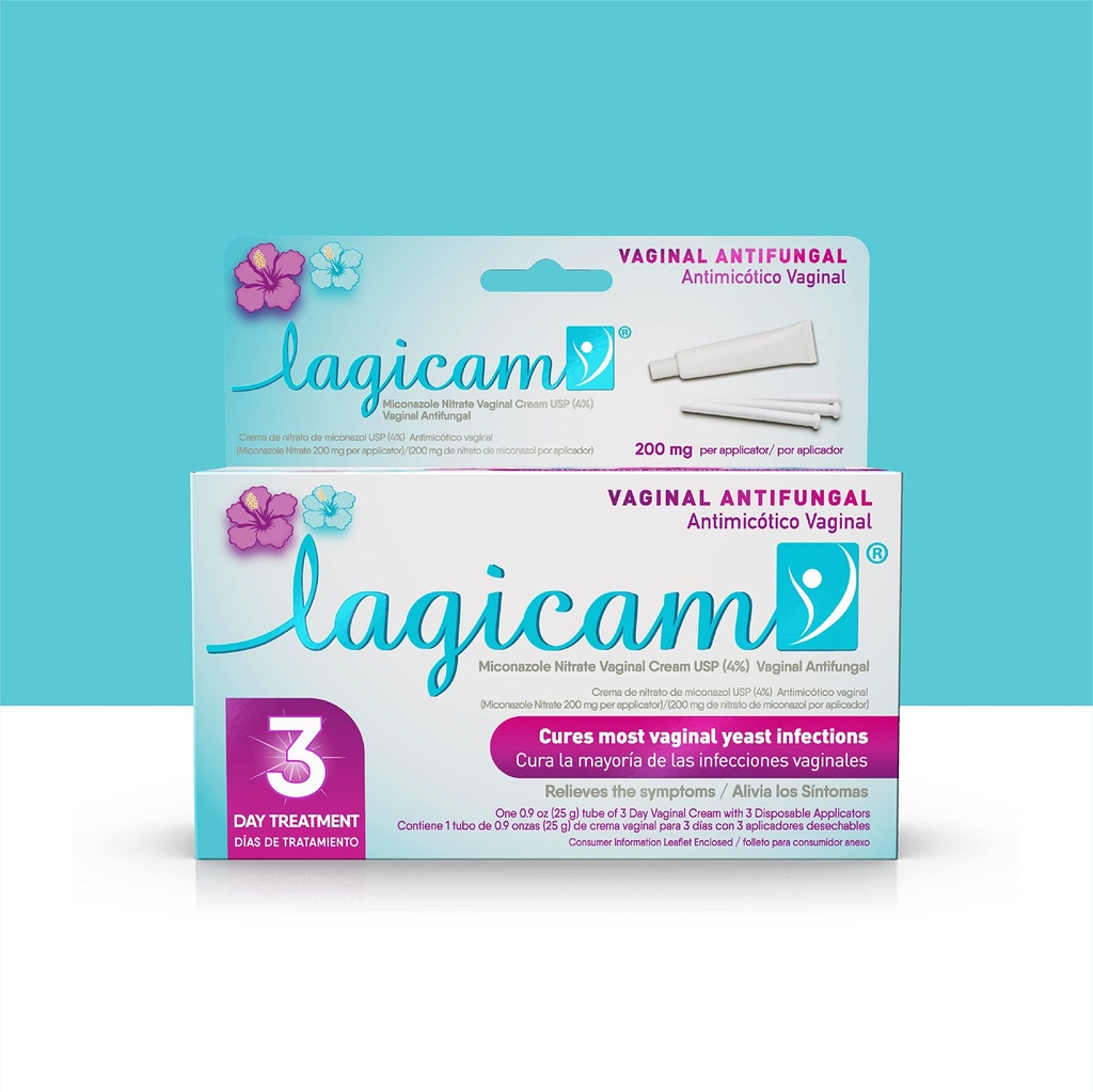 Lagicam 3 giorno trattamento di infezione del lievito vaginale per le donne, iniziare a lavorare il 1 ° giorno, Miconazole Nitrate, Antifungal Crema allevia prurito e irrigazione, 3 applicatori monouso & crema (1 pacchetto)