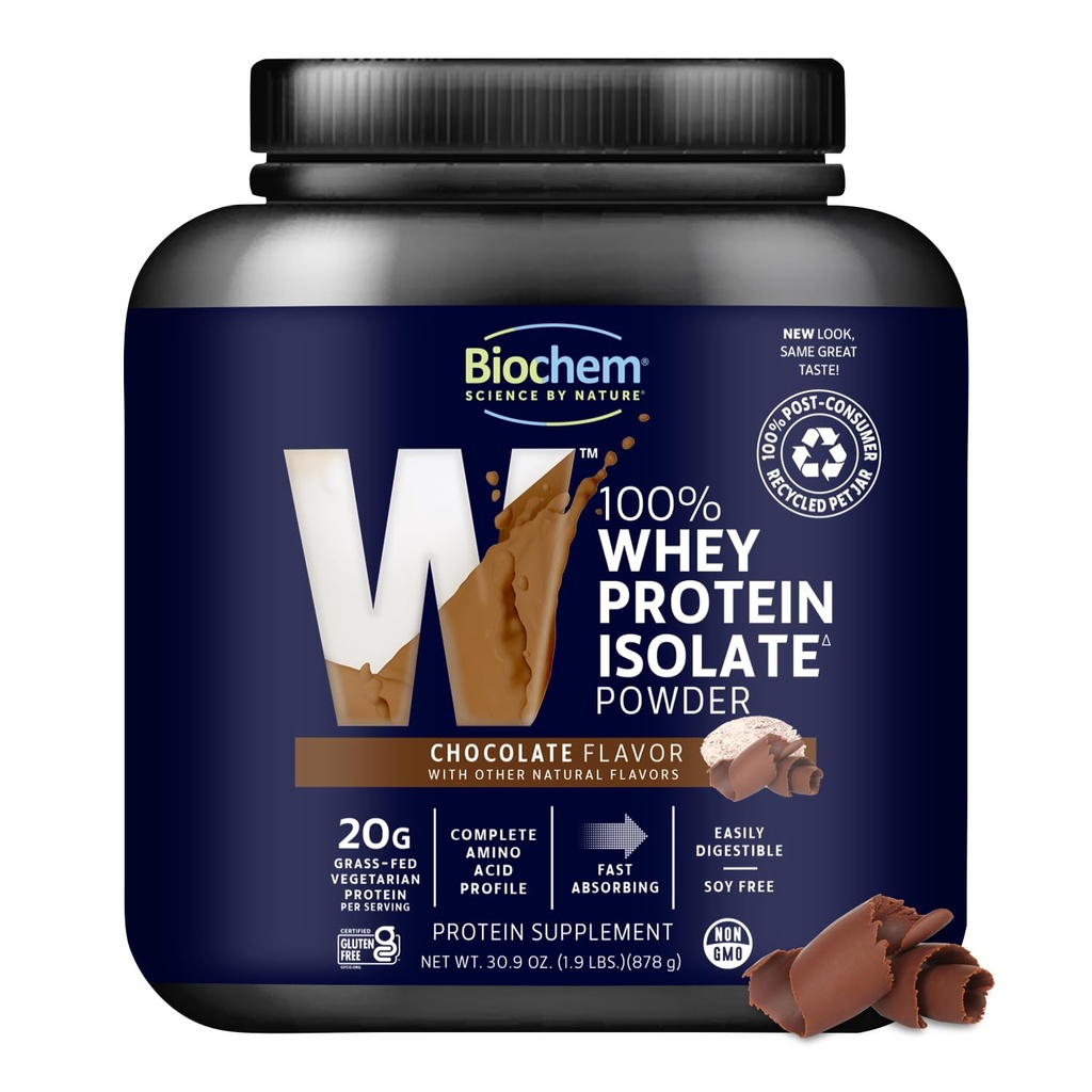 Biochem 100% Whey Isolate Protein Pulver, Schokoladengeschmack, 20g Grass-Fed Protein, Keto Friendly, Glutenfrei, Vegetarisch, Easily Digestible, 30.9 Unze, 28 Portionen