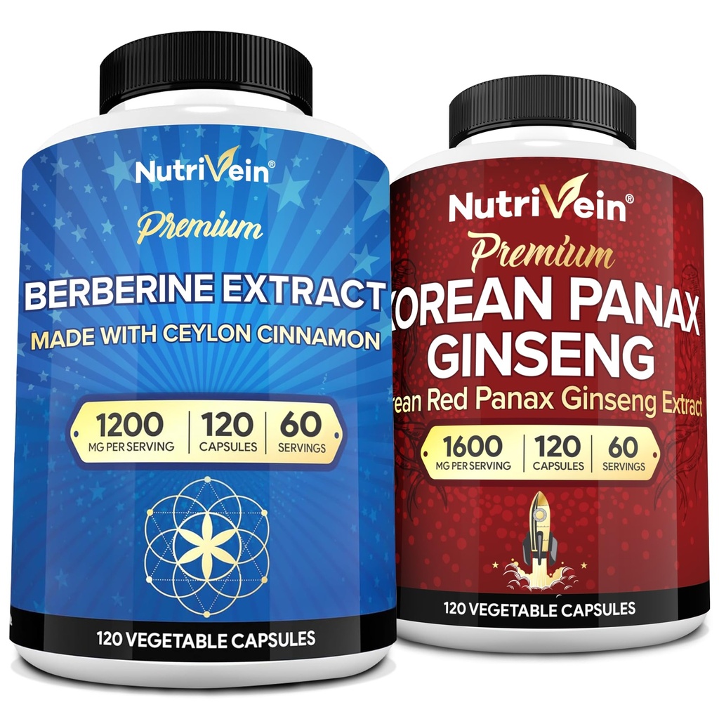 Nutrivein Premium Korean Panax Ginseng Supplement & Berberine Ergänzungen Bundle: High-Absorption Berberine Complex & Genuine Red Ginseng Bundle für tägliche Klarheit, Vitalität, & Wellness