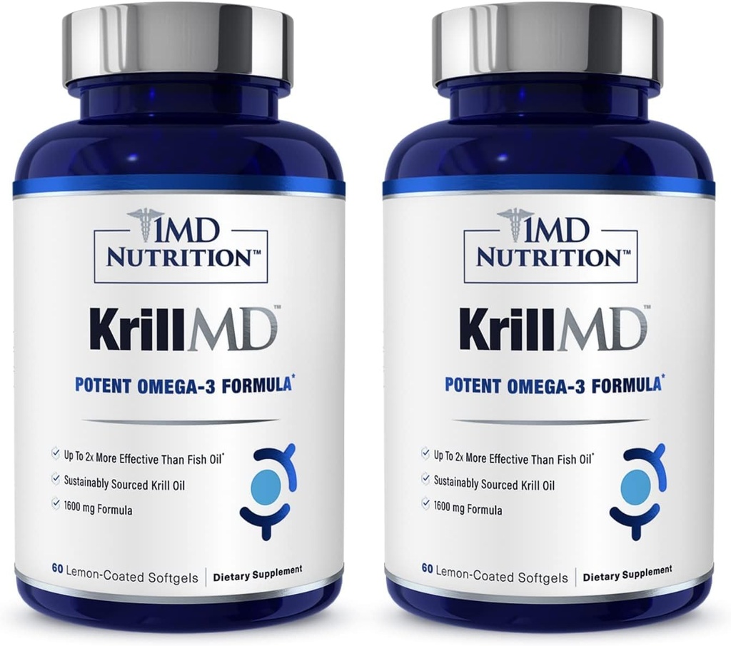 1MD Nutrition KrillMD - Antarctic Krill Oil Omega 3 Supplement mit Astaxanthin, EPA, DHA | 2X Mehr Effektive Than Fish Oil | 60 Softgels (2-Pack)