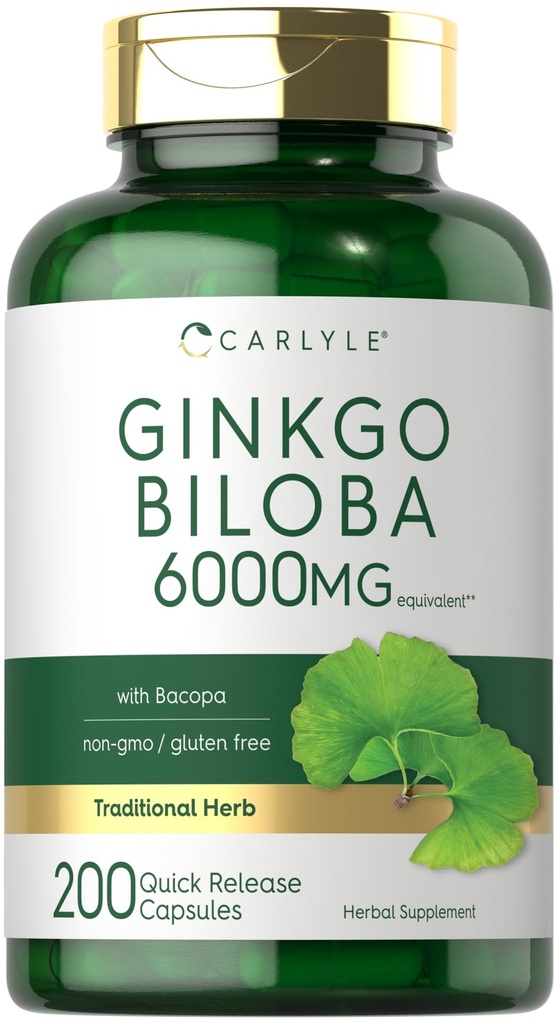 Carlyle Ginkgo Biloba Pillen | 6000mg | 200 Kapseln | mit Bacoba Extrakt | Extrastärke, Non-GMO und glutenfreie Kräuterergänzung