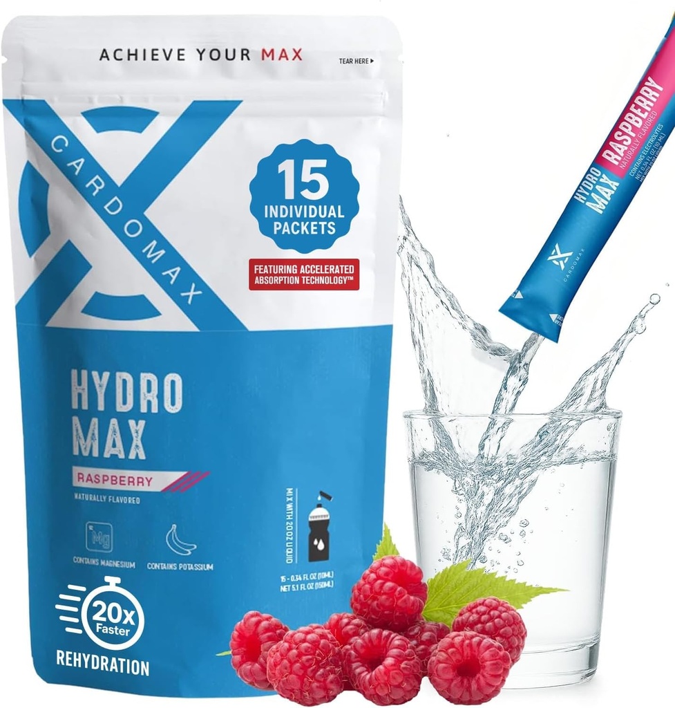 Hydromax Elektrolyt-Getränk-Mix – Raspberry 15 Flüssige Pakete mit Kalium & Magnesium – Zero Sugar, Keto & Vegan Elektrolyte für schnelle Hydration & Recovery-Ergänzung