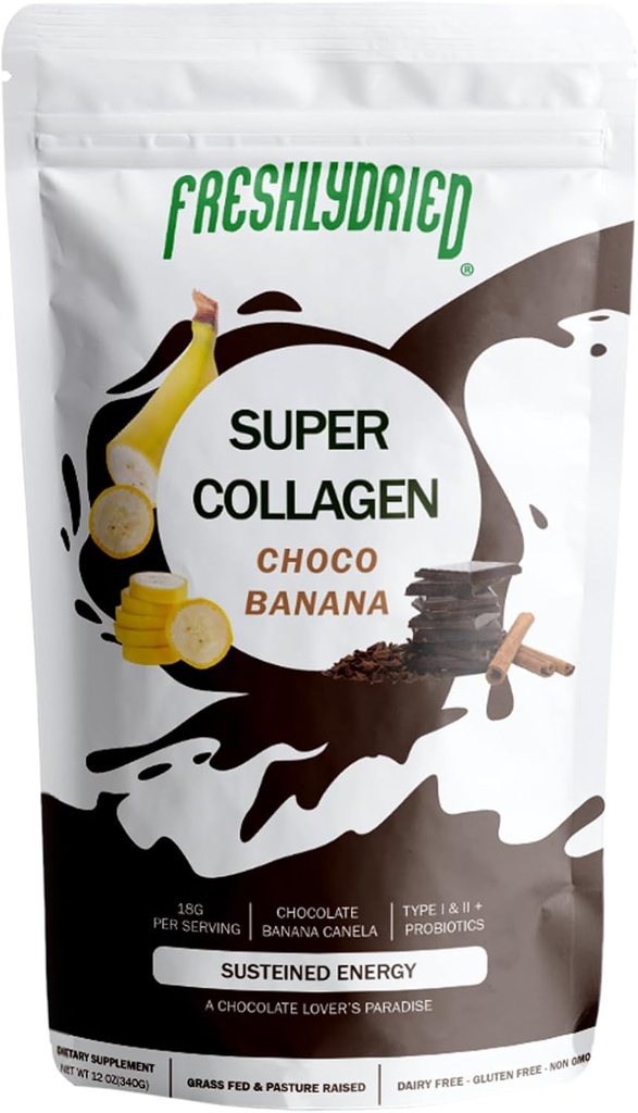Frischgetrocknete Collagen Peptide & ChocoBanana Pulver – Unterstützt Haare, Haut, Nägel, Knochen & Gelenke – Typ I & III Grass-Fed Collagen + Probiotics – Schokolade Banana Cinnamon Flavor – 10 Servierungen, 6 Unze