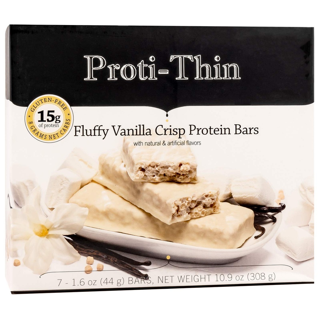 Proti-Thin Fluffy Vanille Crisp Protein Bars, 15g Protein, Low Calorie, Sehr Low Carb (VLC), Low Fat, High Fiber Snack Bar, KETO Diät Friendly, Ideal Protein Kompatibel, Keine Gluten Zutaten, 7 /Box