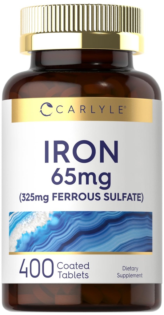 Sulfate de fer de Carlyle 325mg, 65mg, 400 comprimés, sans OGM, sans gluten et supplément végétarien