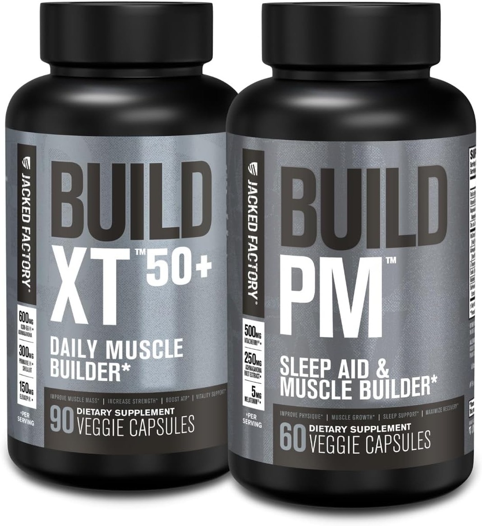 Jacked Factory Build-XT 50+ Daily Muscle Builder (90 Kapseln) & Build PM Nacht Muskelaufbau und Schlafhilfe (60 Kapseln) für Muskelwachstum, Vitalität, & Recovery