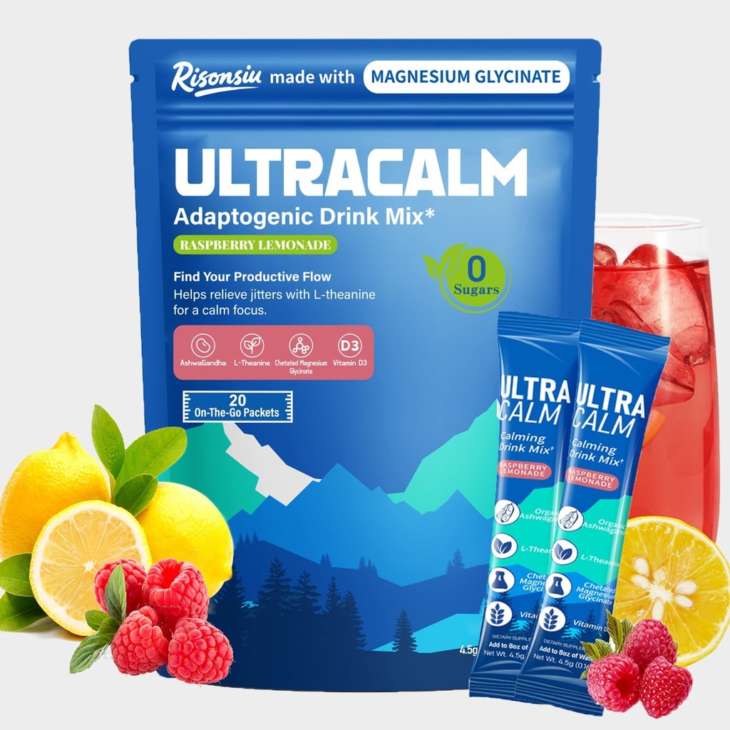 UltraCalm Super Cortisol Getränk mit Magnesium Glycinat, Ashwagandha, L-Theanin, Vitamin D3, Magnesium Pulver für Schlaf- und Stressentlastung, Himbeere Limonade (20 Servietten)