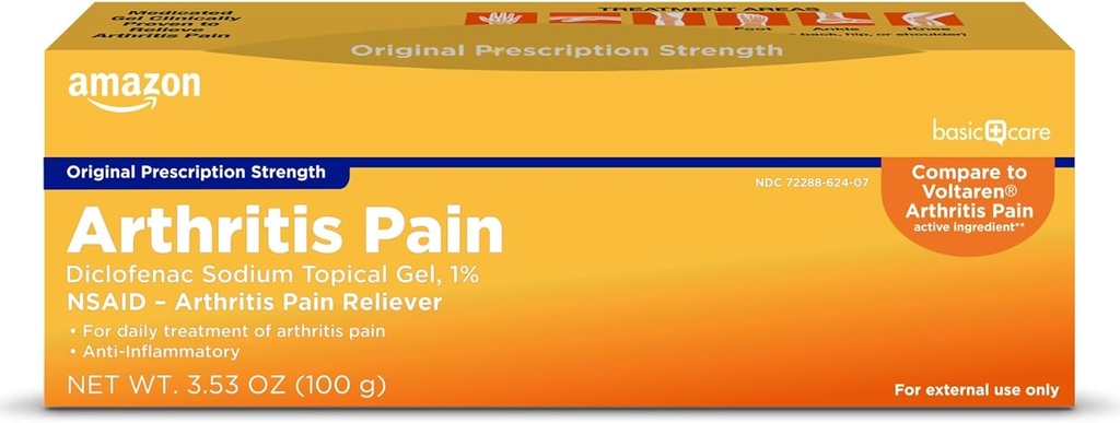 Soins de base Arthrite Gel de soulagement de la douleur, Diclofénac Gel topique de sodium, 1 pour cent, anti-inflammatoire non stéroïdien , 100 grammes, 3,53 onces (paquet de 1) (paquet peut varier)