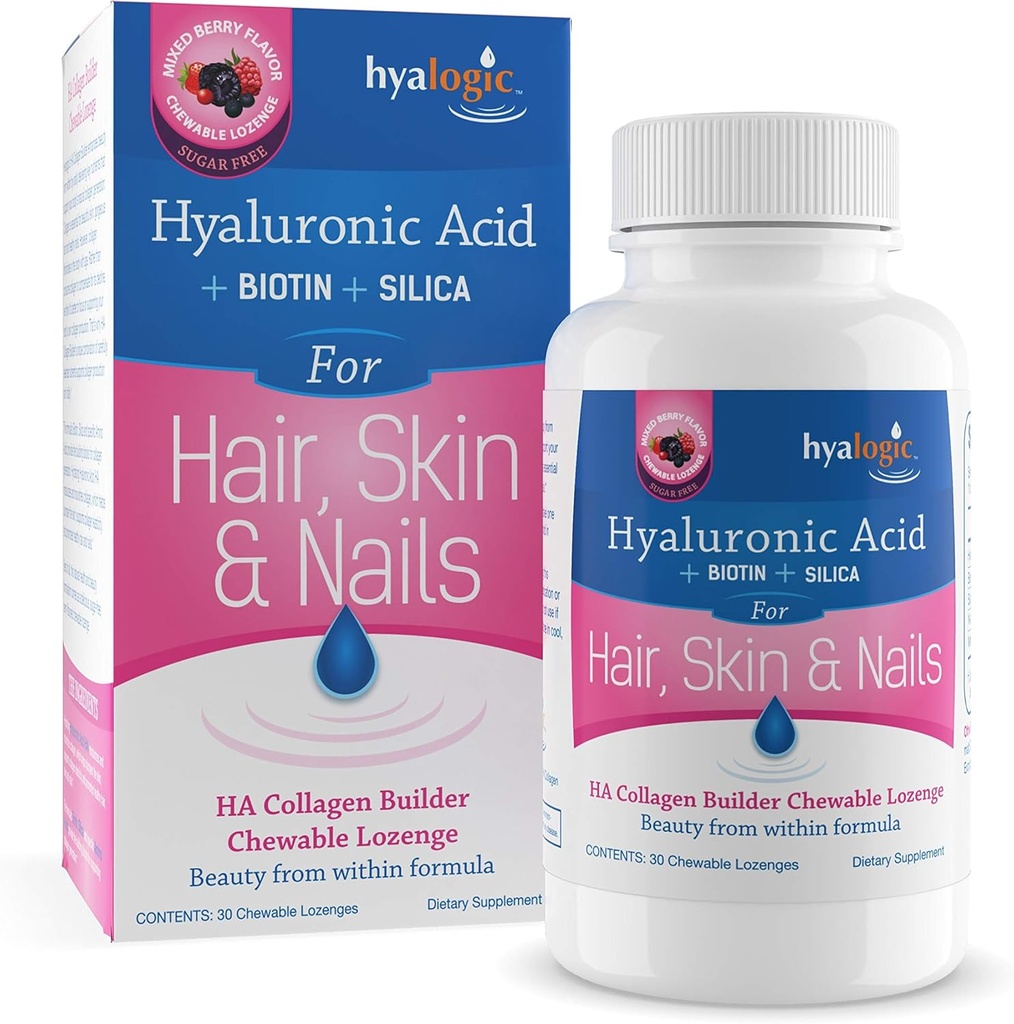Hyalogic Hair Skin & Nails Hyaluronic Acid Collagen Builder – Delicious Berry Flavored Collagen Boost Chewable Lozenges – Sugar Free Vegan Collagen Ideale per migliorare la vostra bellezza naturale – 30 Conte