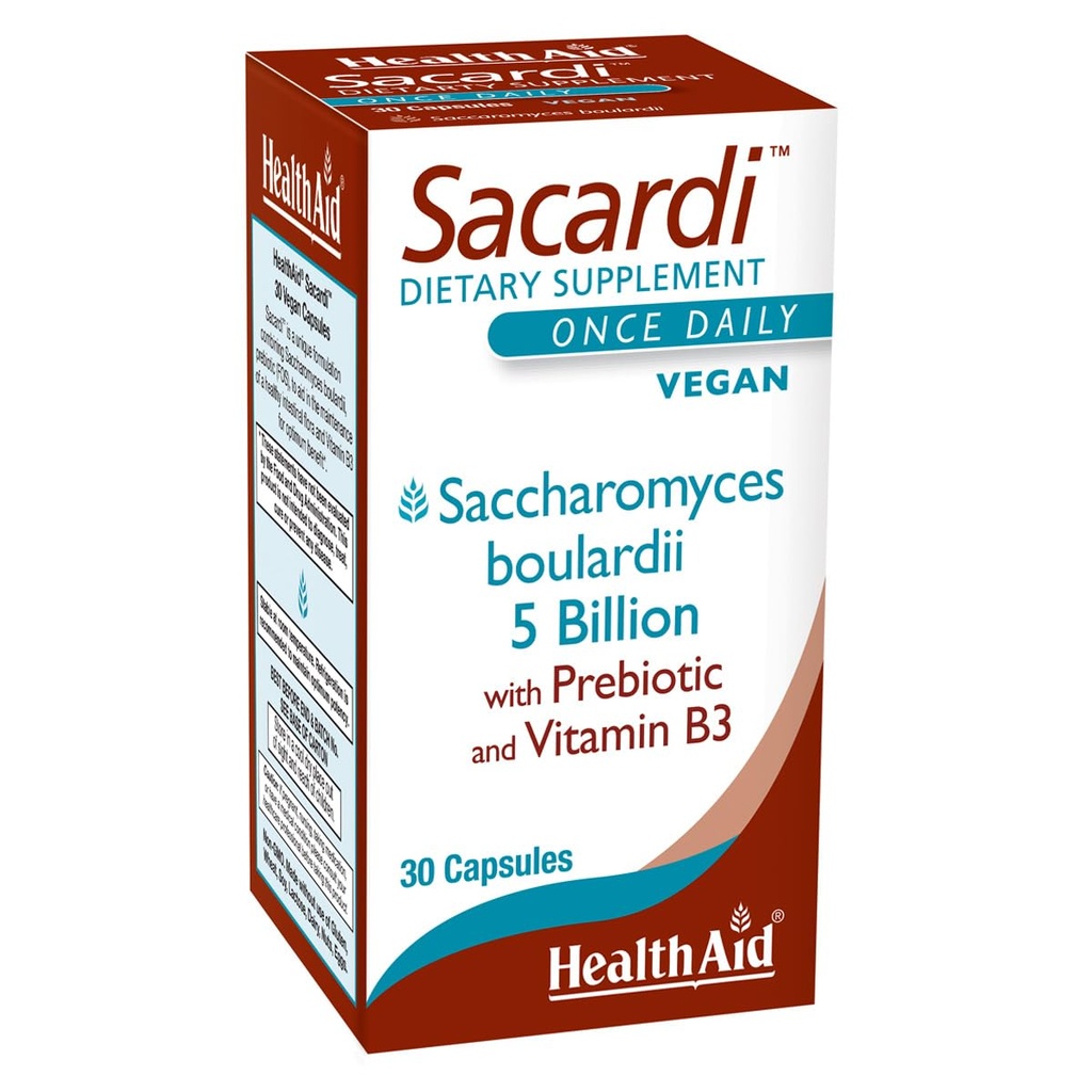 Sacardi Saccharomyces Boulardii – Einmal täglich mit Vitamin B3 & FOS | 5 Billion CFU | 30 Vegan Tabletten | Dairy-Free & Acid-Resistant