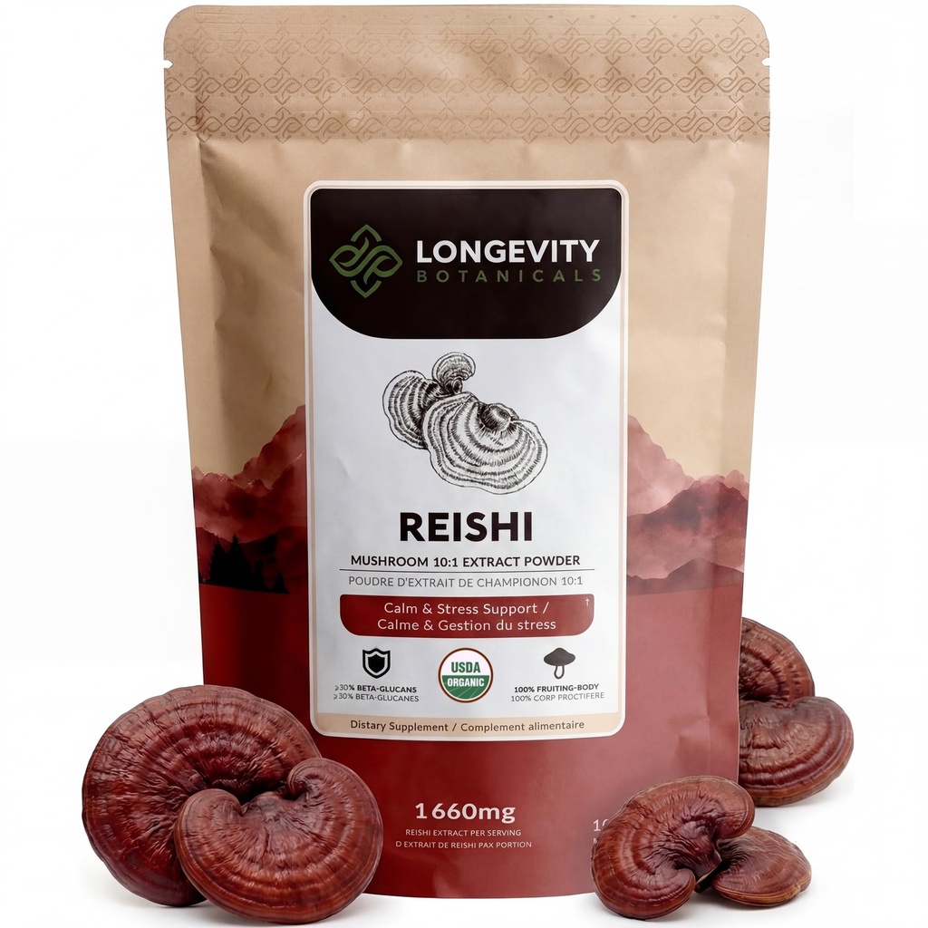 Langlebigkeit Botanicals Bio Reishi Pilzextrakt Pulver 100g | Konzentrat 10:1 Ratio | 100% Fruchtkörper | Lingzhi (Ganoderma lucidum) Natürliche Ergänzung für Immun-, Stress- und Schlafunterstützung