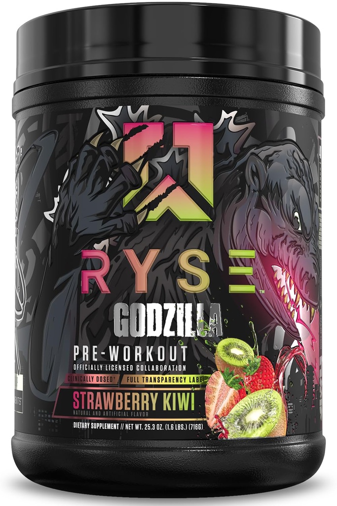 RYSE Godzilla X Noel Deyzel Pre Workout Powder - Strawberry Kiwi - 400mg Caffeine, High Stim Pre-Workout for Men & Women with Citrulline & Beta Alanine - Energy, Pump & Focus - 20/40 Servings