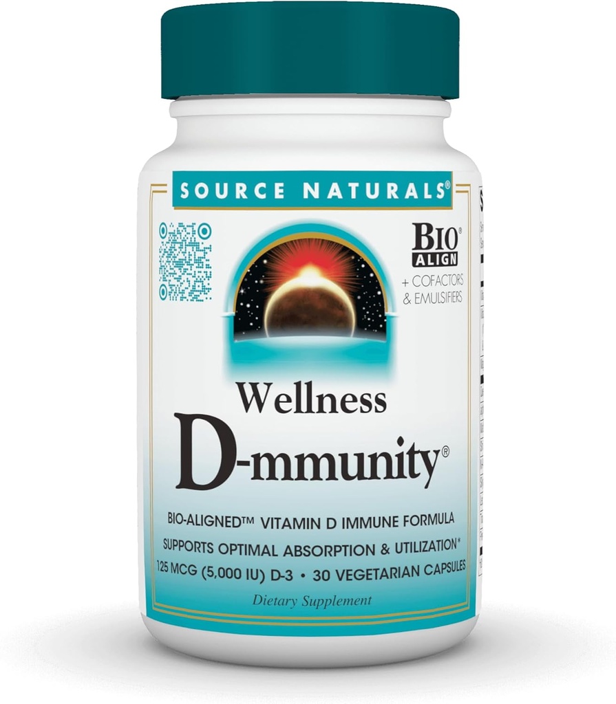 Source Naturals Wellness D-munity, formule d'immuno-vitamine D bioalignée, soutient l'absorption optimale et l'utilisation*, 125 mcg (5 000 UI) D-3-30 Capsules végétariennes