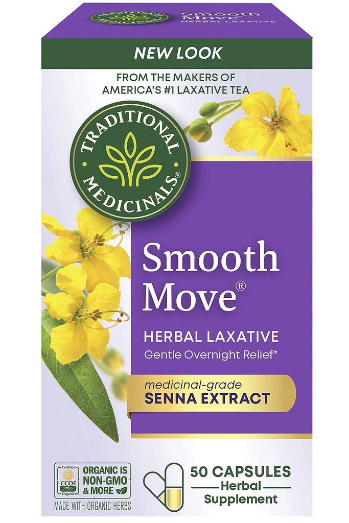 Traditional Medicinals Organic, Smooth Move Laxative Capsules - Organic Senna & Licorice Laxatives for Constipation - Kosher, Non-GMO, Stimulant-Free - 50 Capsules