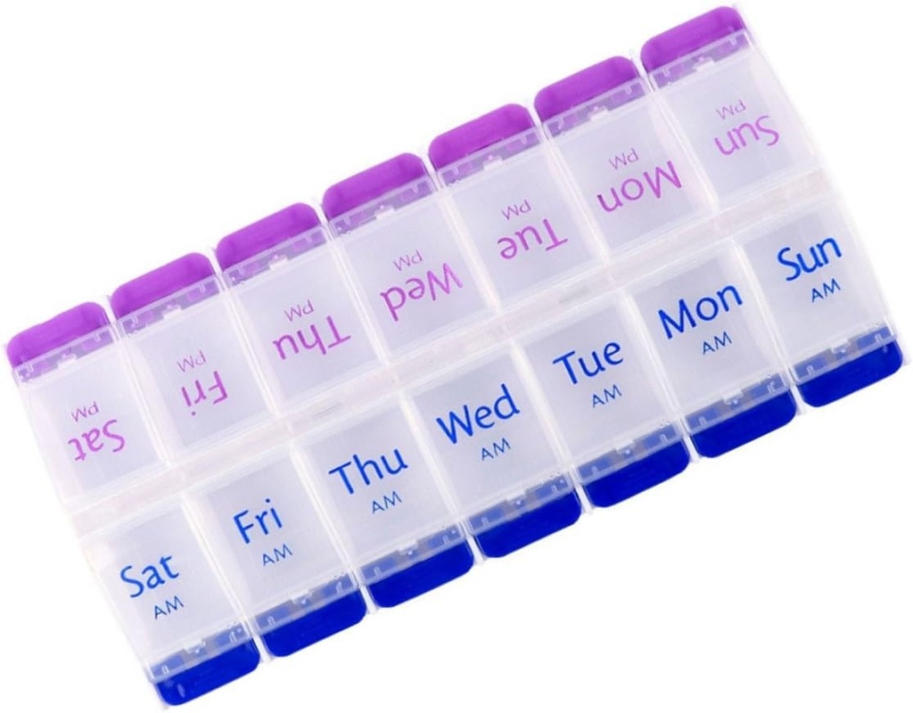 Pill Organizer 7 giorni, Pill Box 2 volte al giorno PM Pill Case, settimanale Pill Container Portable Travel Medicine Box per Vitamine e Integratori (Blue-Purple)
