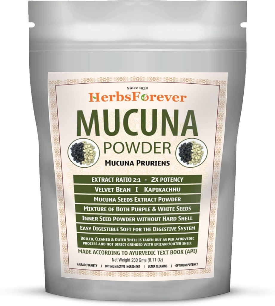 Herbsforever Mucuna Pruriens Seed Powder 2X Potency Extract (2:1) | Purple & Yellow Seeds Blend, Velvet Bean, Non-GMO, Vegan, 230g | Supporta energia, vitalità e benessere generale