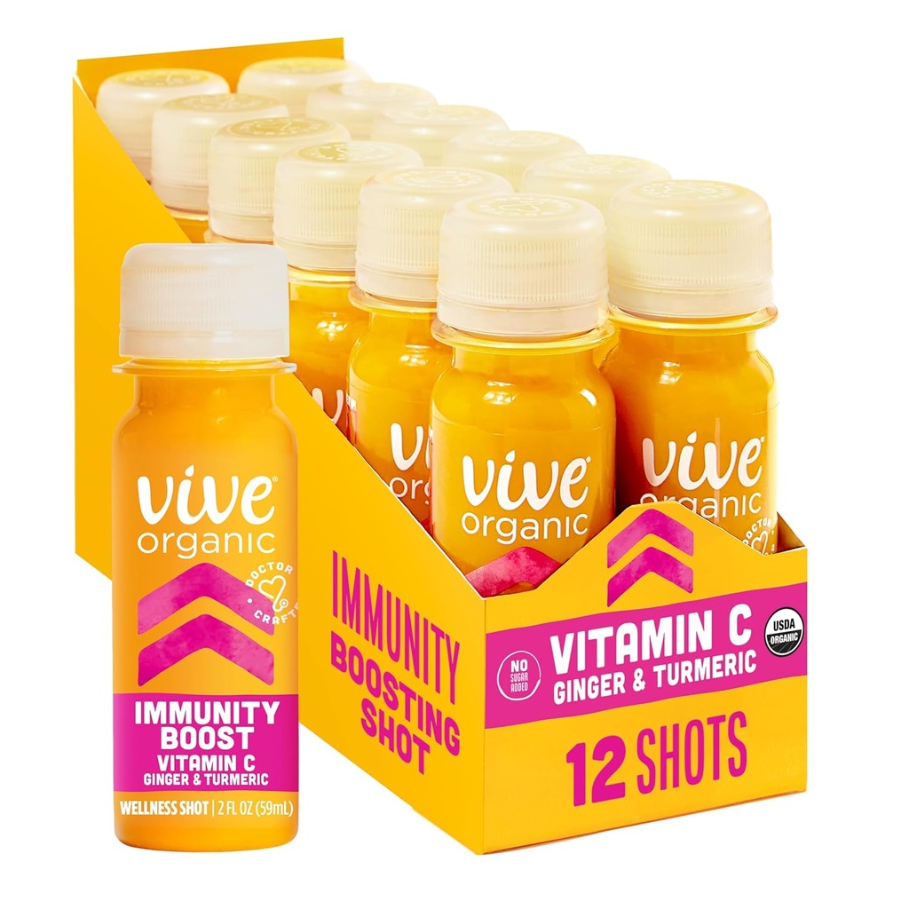 Vive Organic Vitamin C + Supporto Immune Shot, Turmerico a freddo, Ginger & Acerola Cherry, Gluten Free, Vegan, Immunity Boost Vitamin C, 2 Fl Oz (Pack of 12)