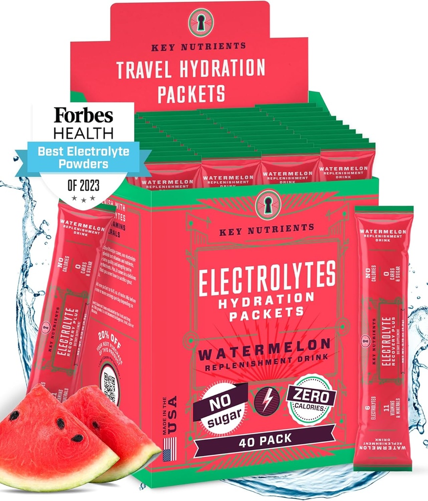 KEY NUTRIENTs Electrolytes Powder Packets - Refreshing Watermelon 40 Pack Hydration Pack Pack - polvere di idratazione di viaggio - senza zucchero, senza calorie, senza glutine - Made in USA