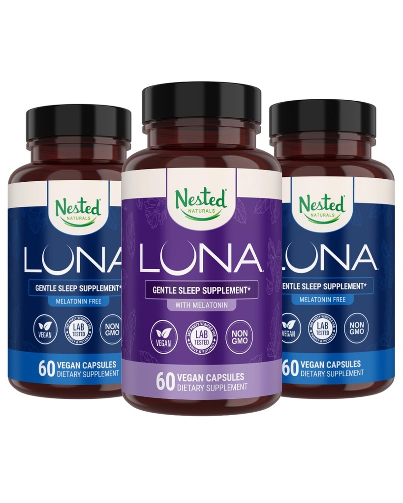 Nested Naturals Luna Melatonin-Free (120 capsule vegane) & Luna Natural Sleep Aid con Melatonina (60 capsule vegane) per sonno profondo | Non-Habit Forming