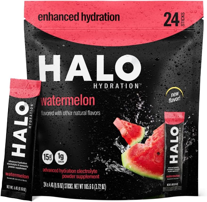 Idratazione di Halo - Miscela di Bevande di Elettrolita | Idratazione Pacchetti di Polvere | Sapore di Anguria – per Sport e Ciclismo | Bastone di Serve Singola Facile Aperto (24 Pack)