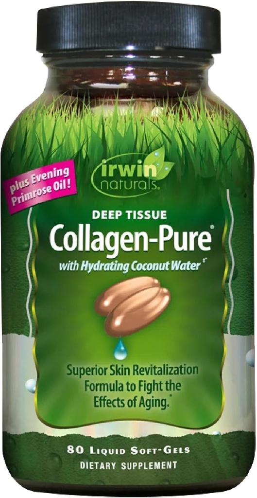 Irwin Naturals Deep Tissue Collagen-Pure - 80 Liquid Softgels - Rivitalizzazione della pelle superiore per combattere gli effetti dell'invecchiamento - Include l'idratazione dell'acqua di cocco e dell'olio di Primrose