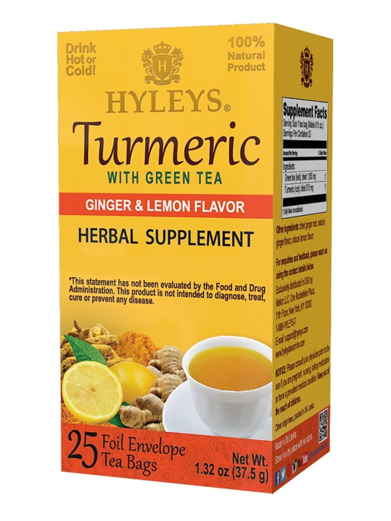 Hyleys Ginger Turmeric Tea Limone Flavor - 25 Borse di tè (6 Pack - 150 Borse di tè Totale) - Wellness Herbal Supplement Green Tea