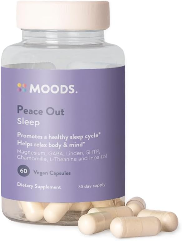 Moods | Peace Out | Natural Sleep Aid Supplement | Deep Sleep. Entspannen und beruhigen für bessere Nächte Erholung | Magnesium, GABA, Kamille, 5-HTP, L-Theanin, Myo-Inositol | 60 Vegan Kapseln für 30 Tage