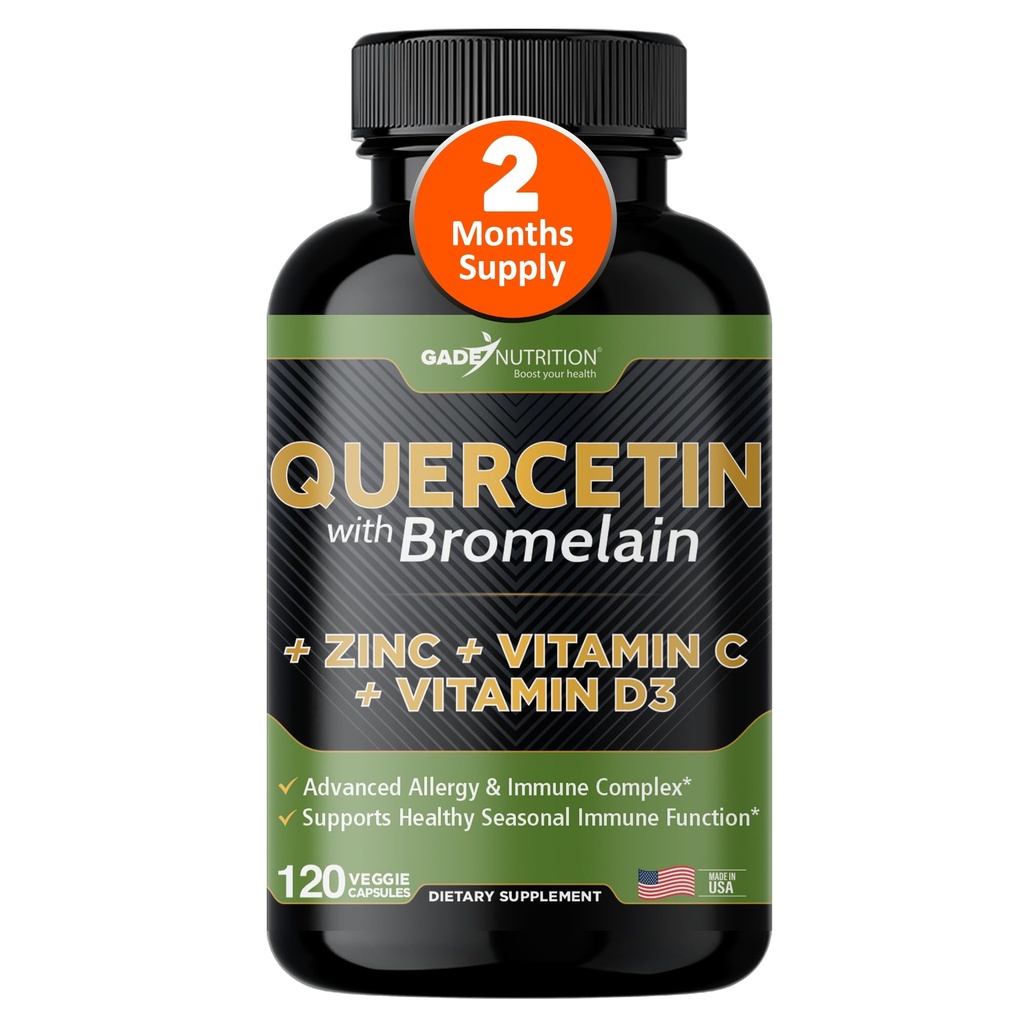 Gade Nutrition Quercetin with Bromelain Vitamin C and Zinc Vitamin D3 | Integratore di Supporto Immune in Capsule | Non-GMO, Gluten-Free, Vegan | Prodotto negli Stati Uniti | 2 Mesi di Alimentazione