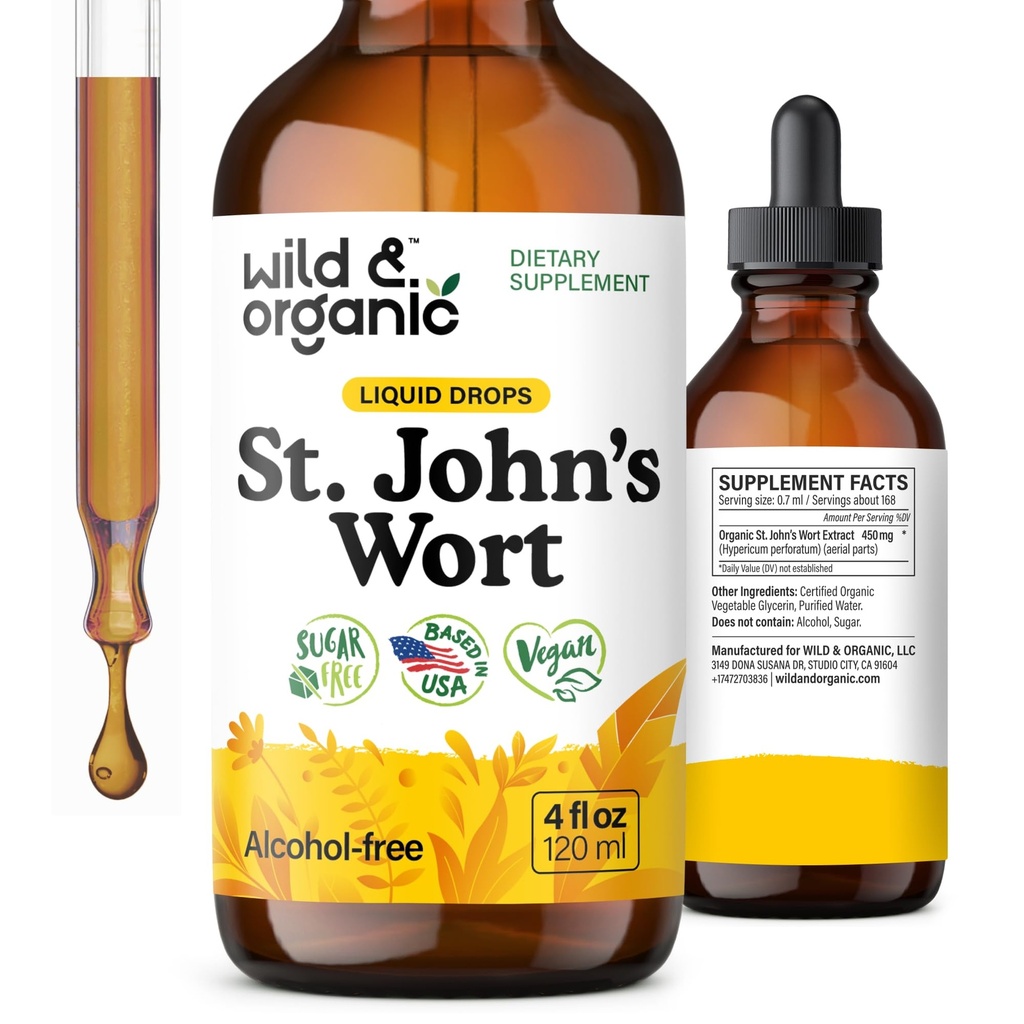 Wild & Organic St Johns Wort Tincture - Mood-Unterstützung - Berechnen St John's Wort Supplement - Hypericum Perforatum Kräuterflüssigkeit Tropfen - Vegan, Zucker & Alkohol frei - 4 fl oz