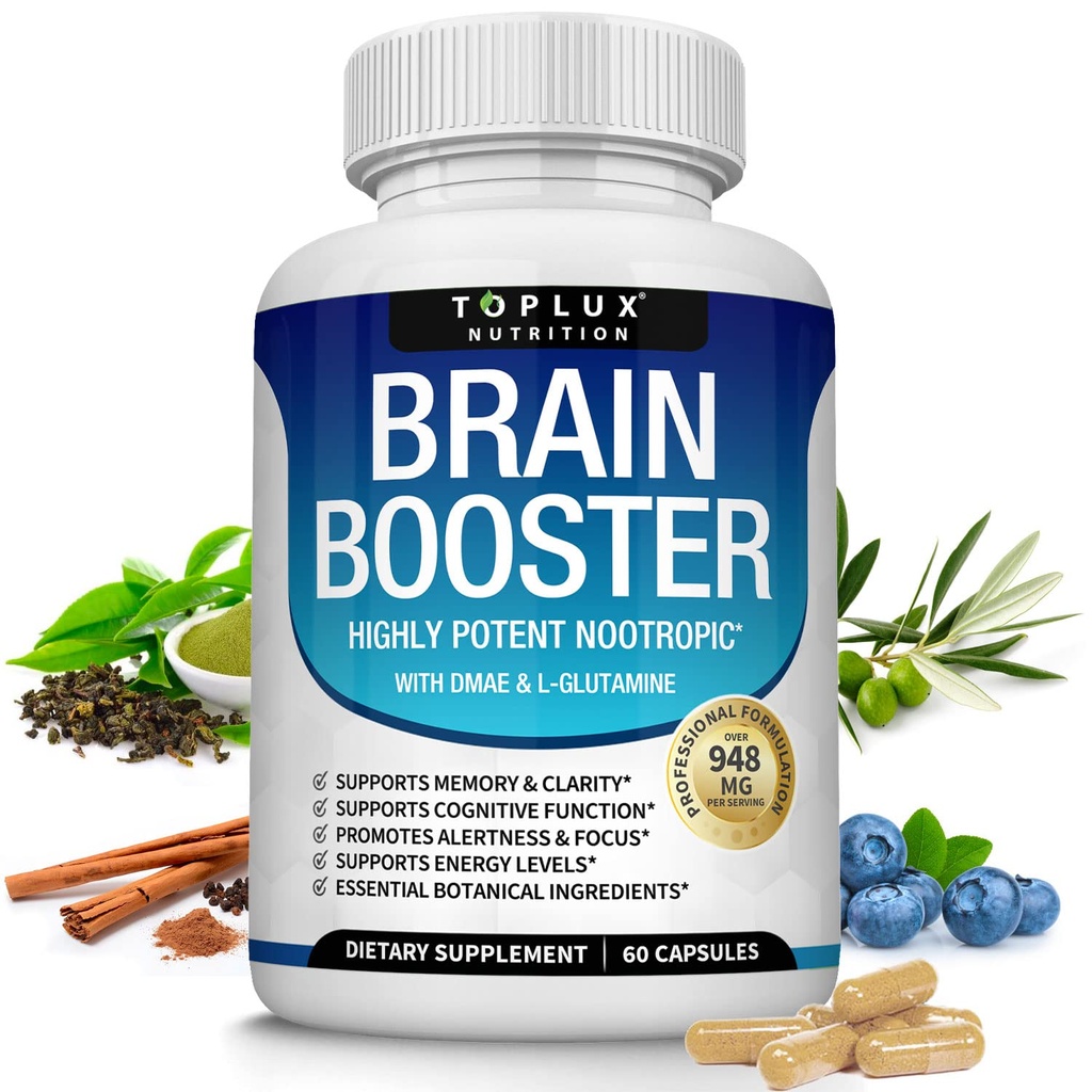 Toplux Brain Supplement Nootropic – Brain Pills Vitamin with DMAE, Bacopa Monnieri, L-Gutamine, for Men Women, 60 Capsules, Nutrition