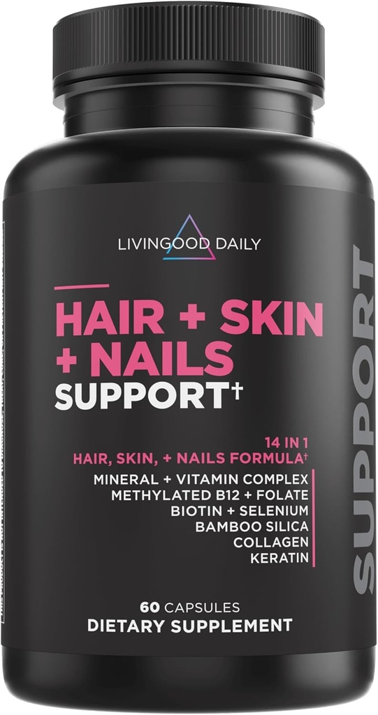Livingood Daily Hair, Skin & Nails Supplement, 14-in-1 Formula con Biotina, Collage, Keratin, Bamboo, Selenium, Folate, B12, Zinc and More, Beauty Supplement per Donne & Uomini, Gluten Free, 60 Capsule