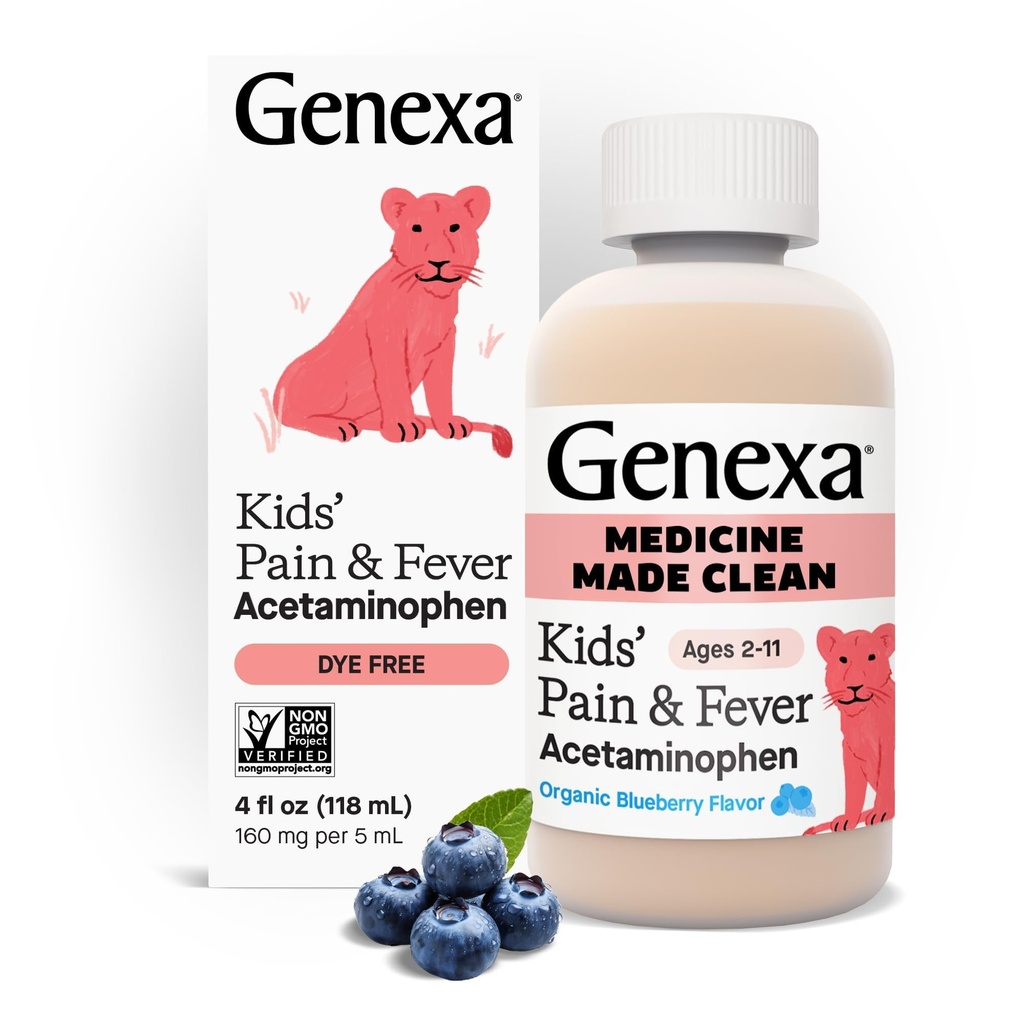 Genexa Kinderreines Acetaminophen | Pediatrician Bevorzugte Inhaltsstoffe | Schmerz & Fever Reducer für Kinder | Dye Free, 0% Künstliche Zusatzstoffe | Alter 2-11, Delicious Organic Blueberry Liquid, 4 fl oz