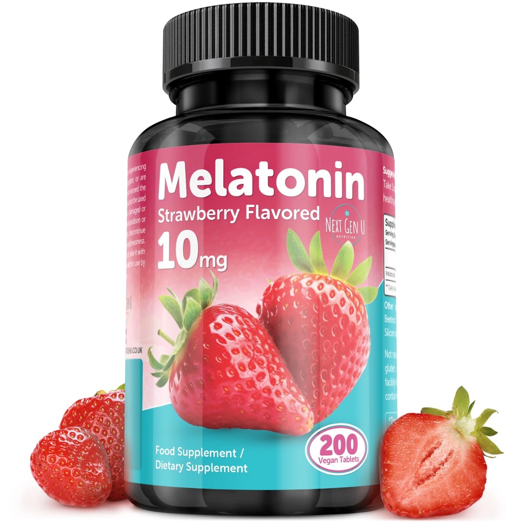 Melatonin Tabletten - 10 mg Nahrungsergänzungsmittel - Erdbeeren Flavored - 200 Vegan Tabletten - von NextGenU