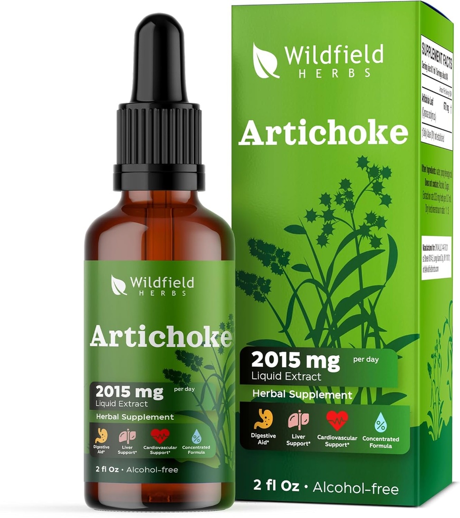 Extrait de feuille d'artichaut gouttes liquides 2000mg (Cynara scolymus L.) Supplément à base de plantes Absorbe mieux que les capsules, 1 mois d'approvisionnement, 84 portions, teinture sans alcool - 2 Oz, boîte de 1