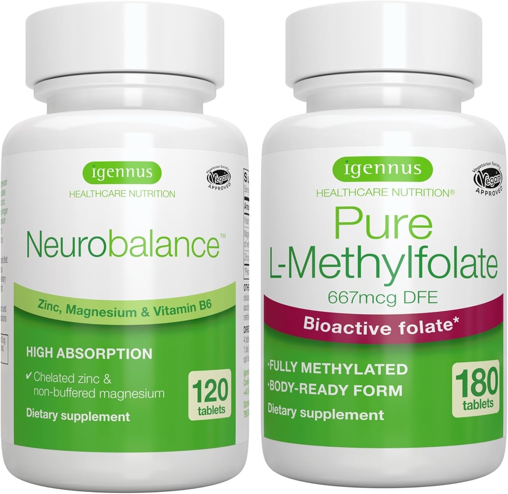 Neurobalance Zinc, Magnésium et Vitamine B6 + Pure Folate 400mcg Ensemble végétalien, Picolinate de zinc chélaté 24mg, Magnésium et Vitamine B6 sans oxyde + L-méthylfolate optimisé, par Igennus