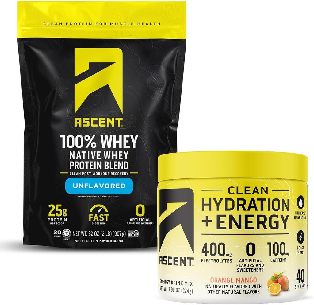 Ascesa 100% Whey Protein Powder, non aromaed 2 lb & Hydration + Energy Electrolytes, Arancione Mango 40 Servings