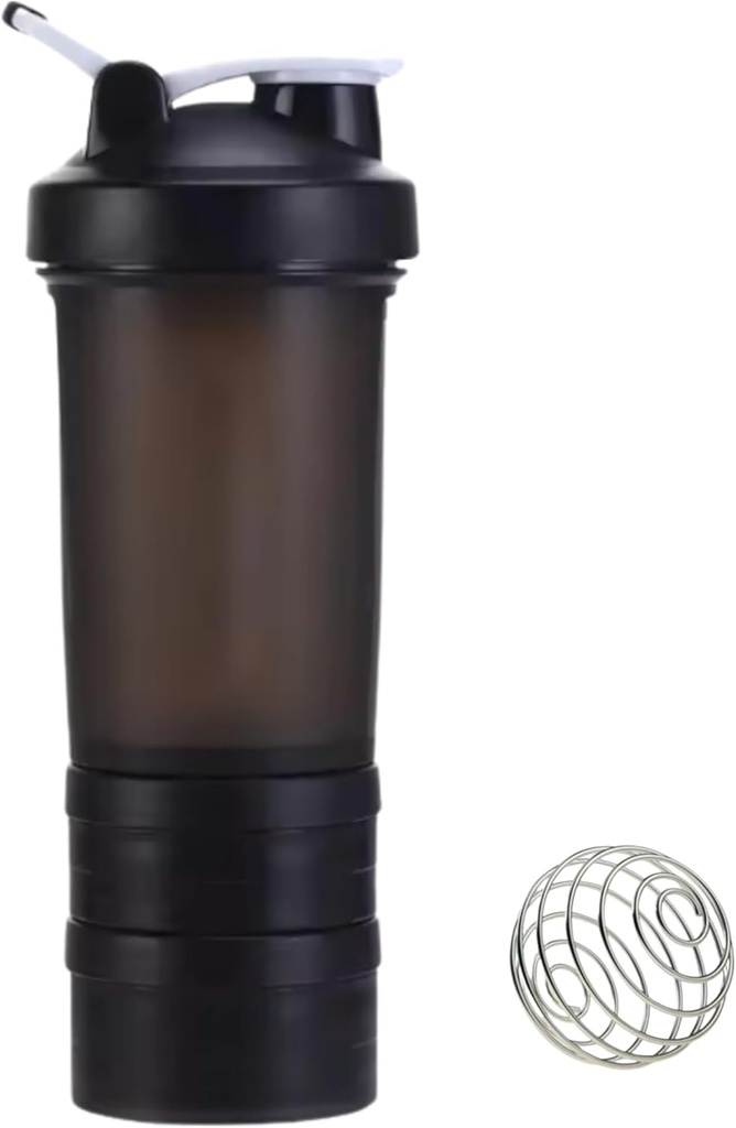 Bottiglia di frullatore proteico con scomparti di stoccaggio | Pre-allenamento, Proteine, Integratori | 16.9 oz (500 ml) [Nero]
