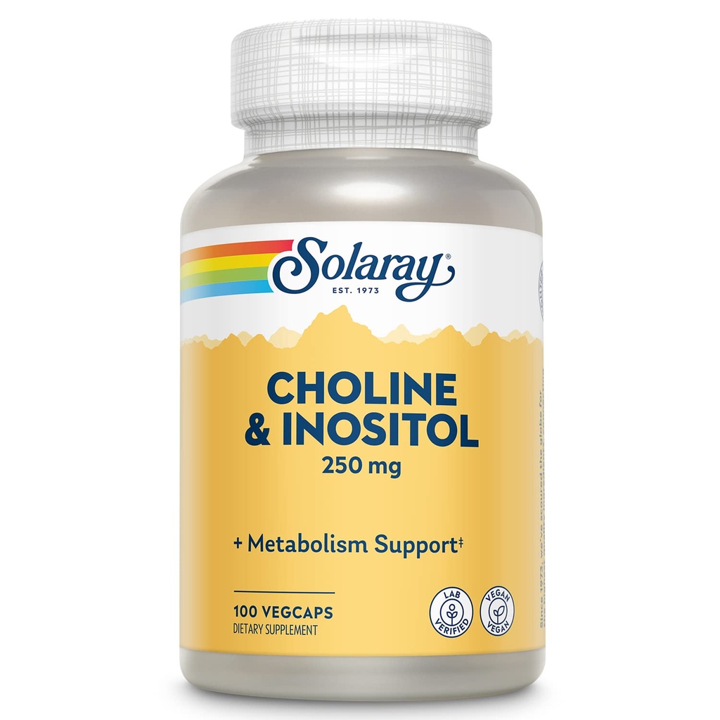 SOLARAY Choline & Inositol 250 mg | Zwei-Nutrient Combo für gesunde Fett Stoffwechsel, Gehirn-Funktion Unterstützung | 100 VegCaps