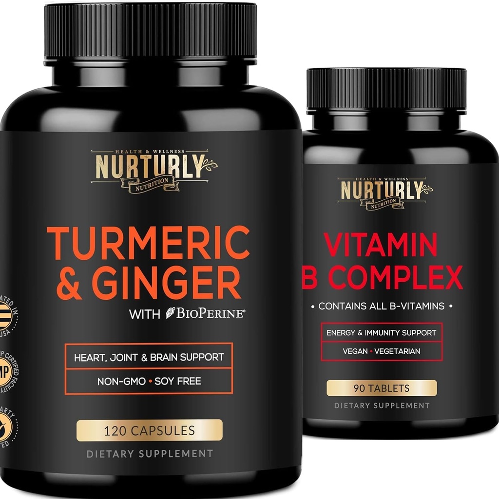 Vitamin B Complex und Kurkuma Curcumin mit BioPerine & Ginger - Enthält alle essentiellen B Vitamine - B1, B2, B3, B5, B6, B7, B9, B12 und Biotin - Hohe Absorption Turmeric Supplements