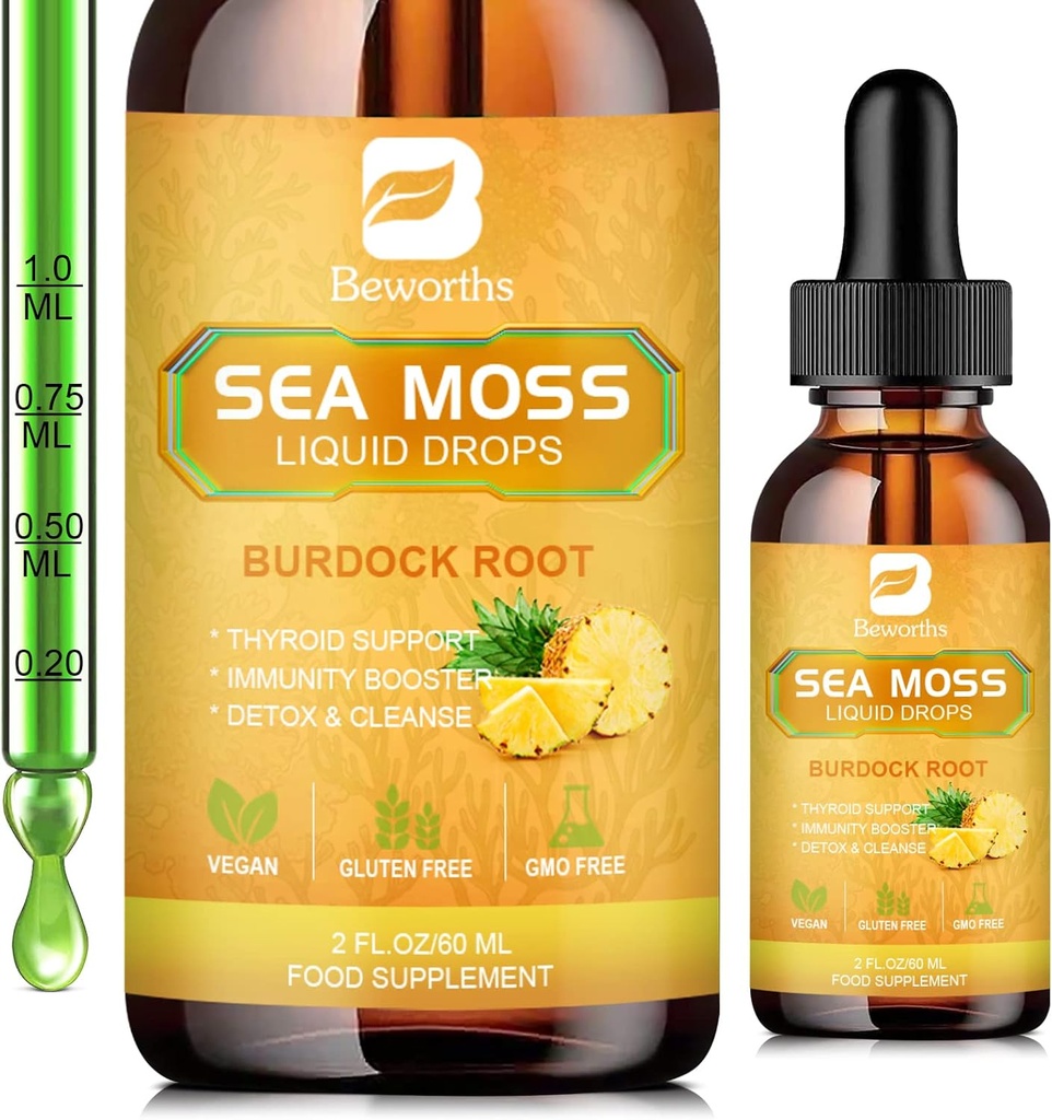 Gocce liquide del Moss del mare - Gel del Moss del mare irlandese organico con Spirulina, Bladderwrack, Radice di Burdock, Pinapple Seamoss Gel Supplemento per Joint, Detox Cleanse & Digestion Support - 2 Fl Oz, Vegan