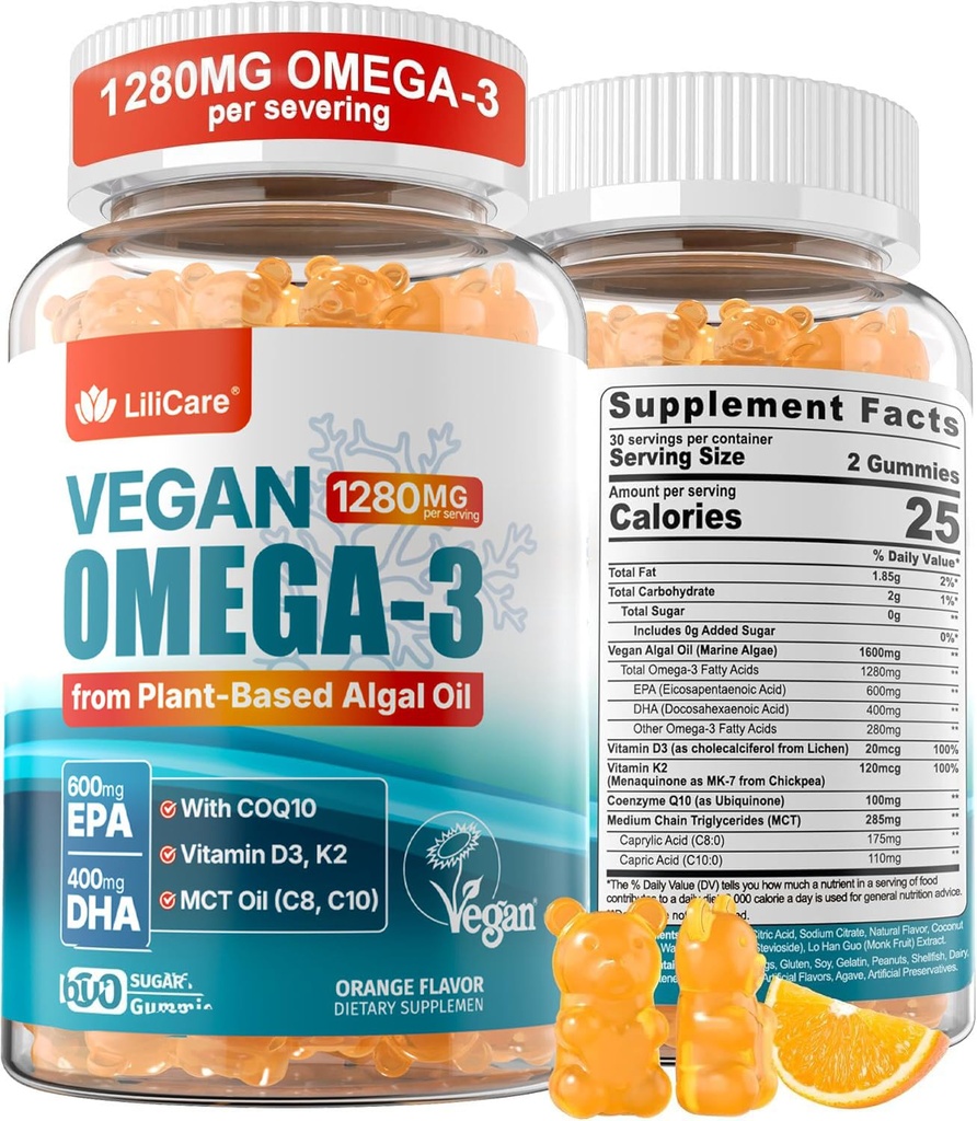 Vegan Omega-3 Gummie 1280mg + COQ10 + Vitamin D3 K2 (MK7), Omega 3 Fischöl Alternative für Erwachsene w/EPA 600mg DHA 400mg & MCT Öl, kein Fisch Geschmack von Meeresalgen, für Gehirn, Auge, Immunität, 1 Packung