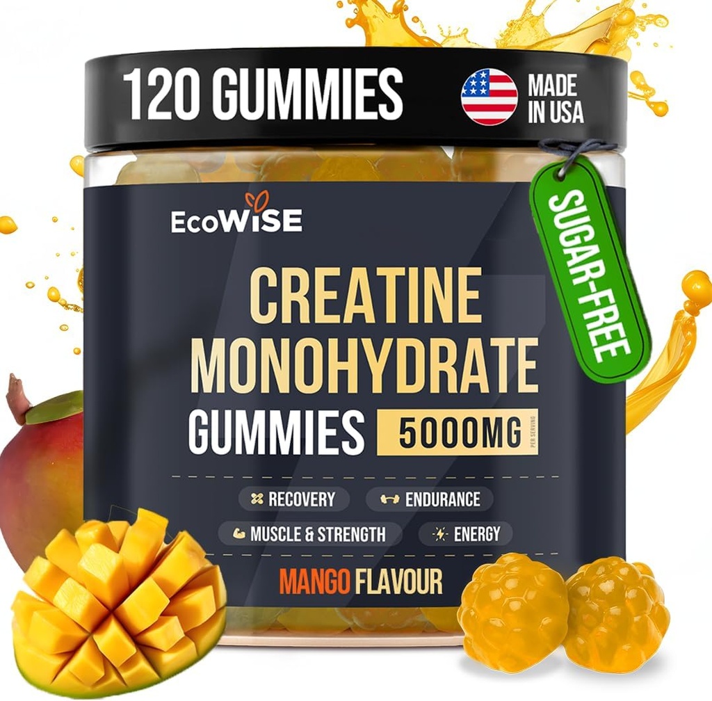 EcoWise Wellness Creatine Monohydrate Gummie 5000 mg, Mango Flavor, 120 Sugar-Free Vegan Chews, Creatine Supplement für Daily Routine