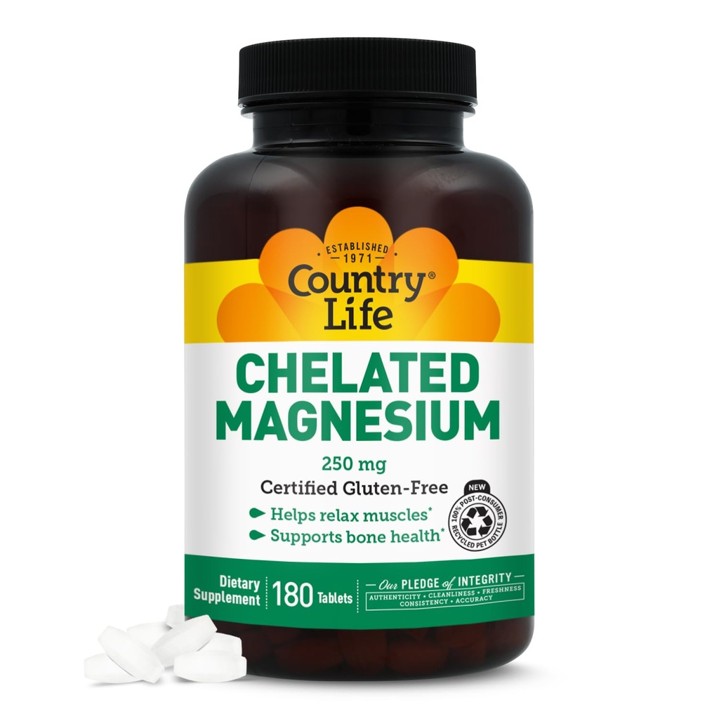 Vita di campagna Chelated Magnesium 250mg - Supporta il cuore, la salute di ossa e del muscolo, Vegan-Friendly Magnesium Supplement con l'ossido di magnesio e l'aminoacido chelato, senza glutine