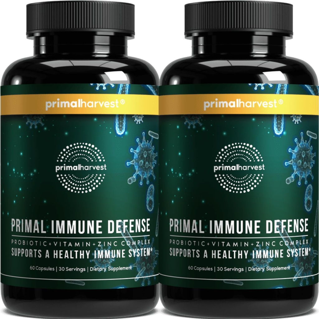 Primal Harvest Primäre Immunabwehr: 10-in-1 Immununterstützung mit Probiotika, Zink, Vitamine C, B6, D3 & K2, Immun Booster für Erwachsene 60 Kapseln (2-Pack)